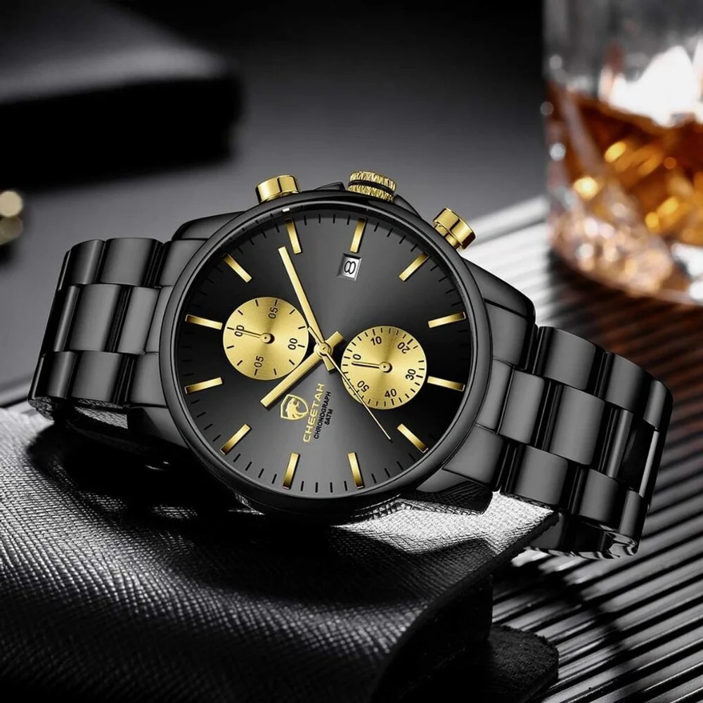 NWT Men’s Black Gold Stainless Steel Chronograph Moon Phase Dress Watch